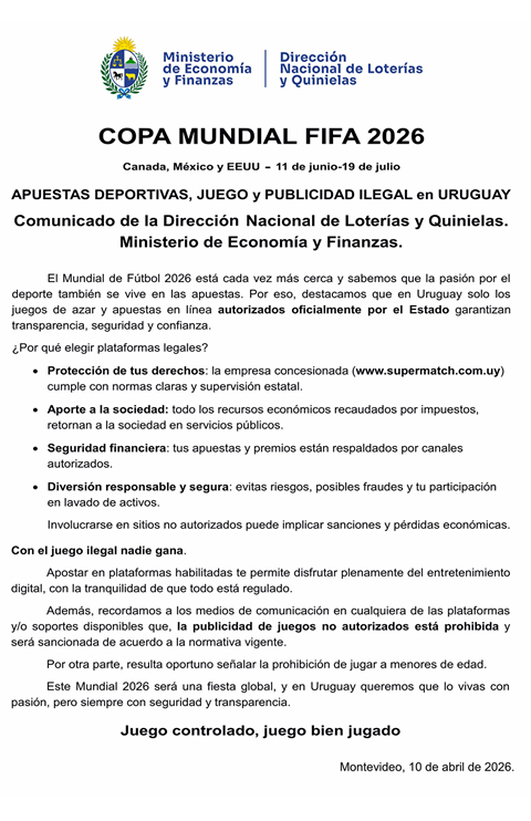 Apuestas deportivas,juego y publicicdad en Uruguay - Comunicado de la DNLQ